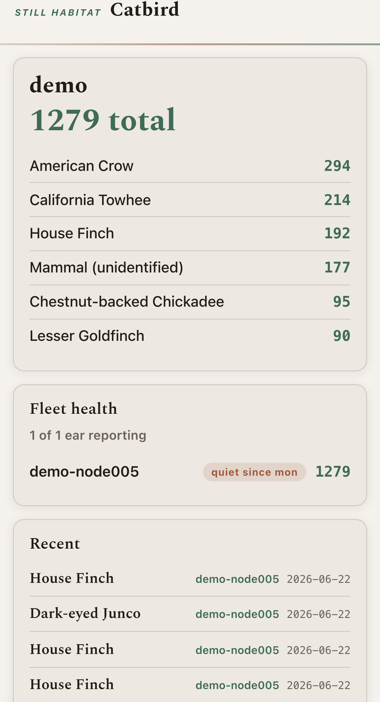 The Catbird Place screen showing a property's live species list, fleet health, and recent detections